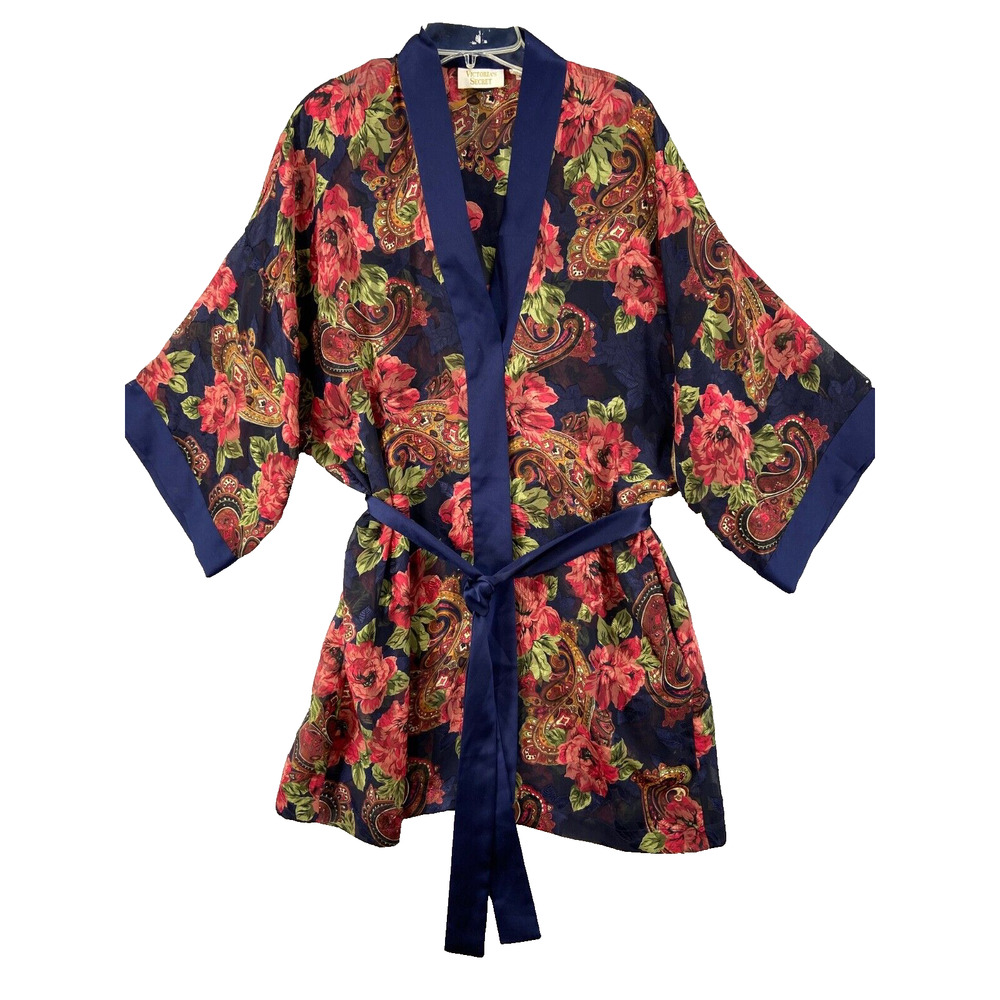 Vintage Victoria's‎ Secret Gold Label Robe Sz L Purple Red Floral Satin Kimono